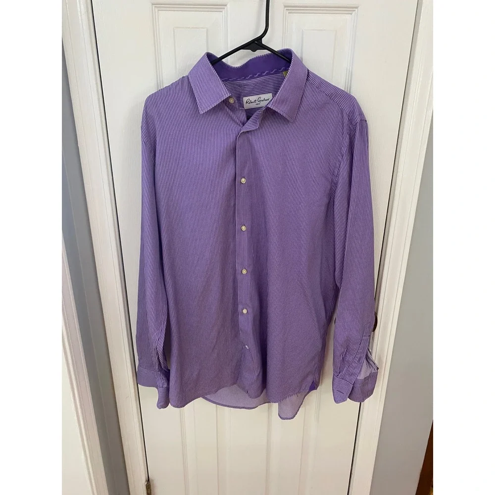 Robert Graham Button Down Shirt Mens 16.5 Purple White Striped Long Sleeve - Picture 1 of 7